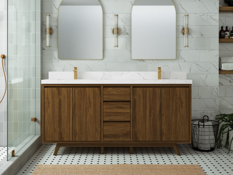 Madison Teak 72 Double Sink Bath Vanity in Dark Natural 2" Calacatta Nuvo