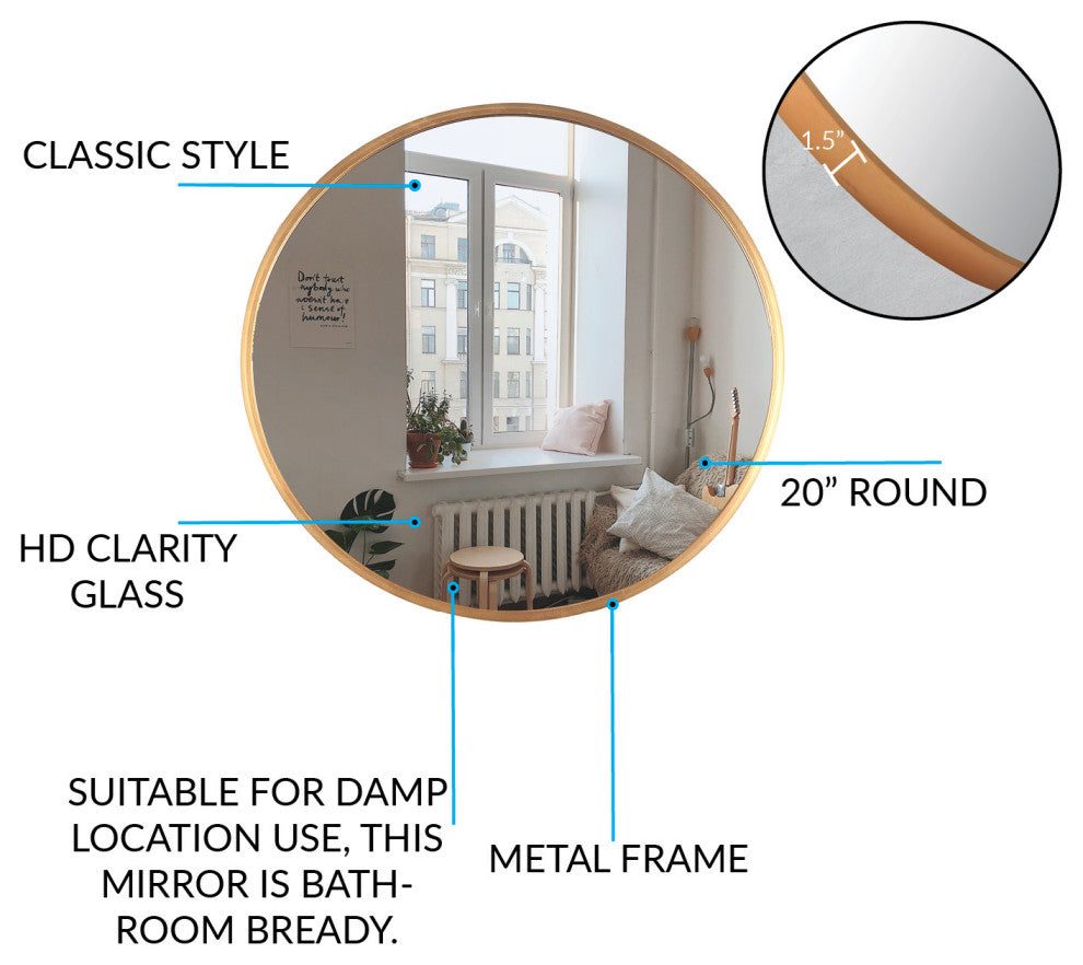 Round Copper Framed Wall Mirror, 20"