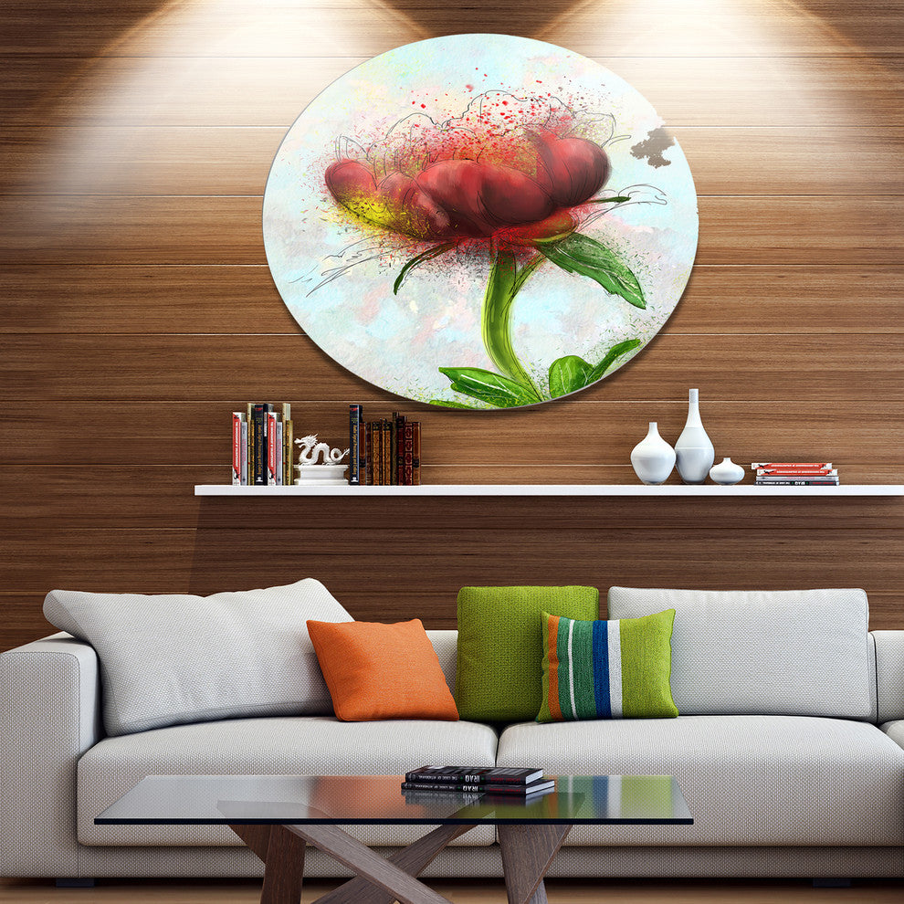 Cute Red Green Watercolor Flower, Floral Round Metal Wall Art, 23"