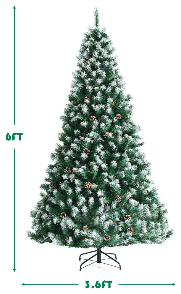 Costway 6ft Snow Flocked Hinged Christmas Tree w/1000 Branch Tips & Pine Cones
