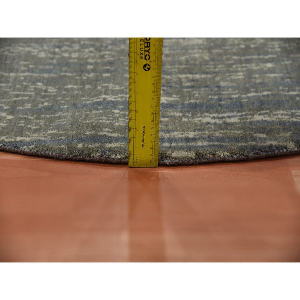 Blue/Gray Densely Woven Hand Knotted Modern Ombre Wool Round Rug, 6'0"x6'0"