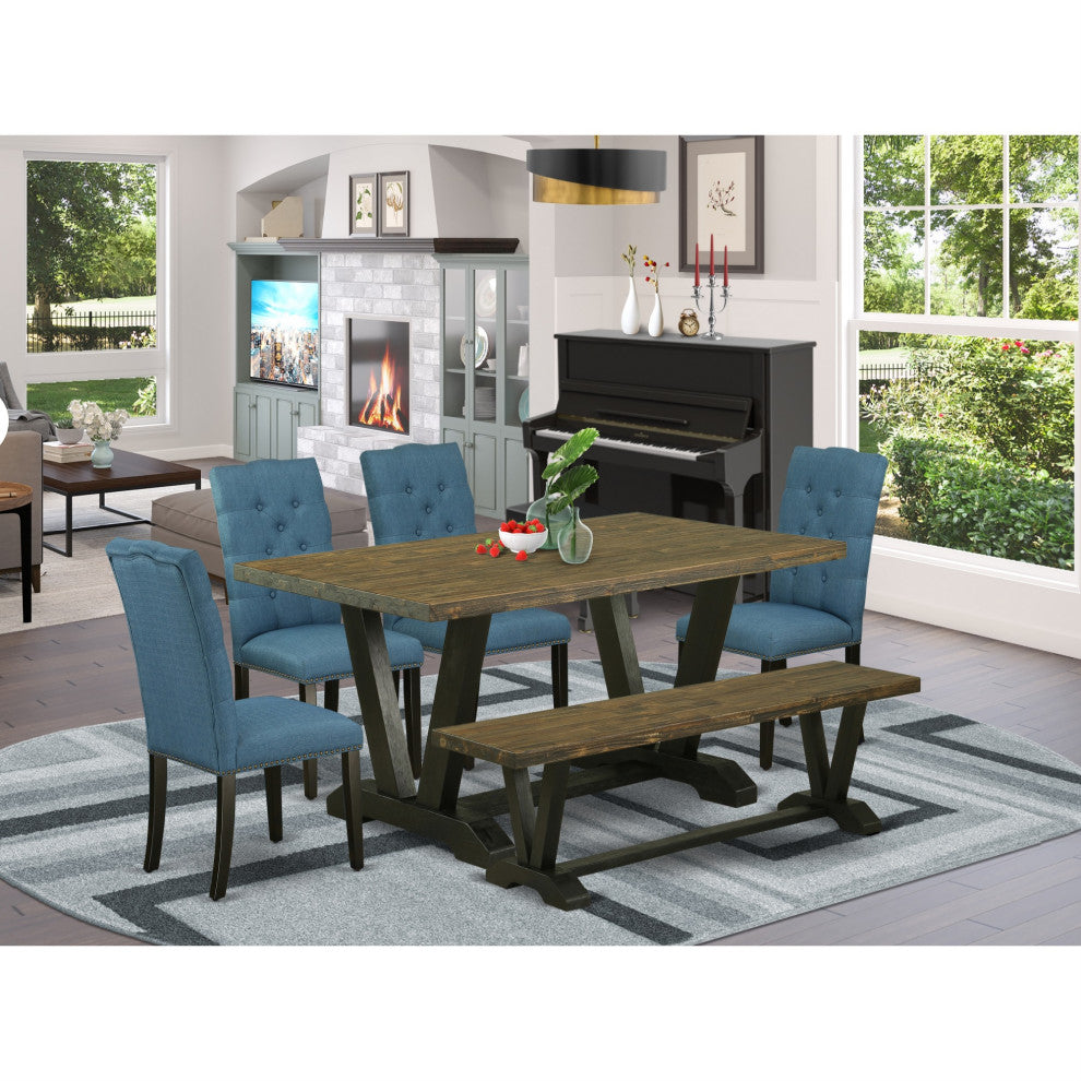 6-Piece Set Jacobean Table and Jacobean Dining Bench and 4 Chairs, Black