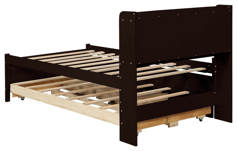 Full/Twin Wood Frame Platform Bed with Trundle and Drawers, Espresso, Twin