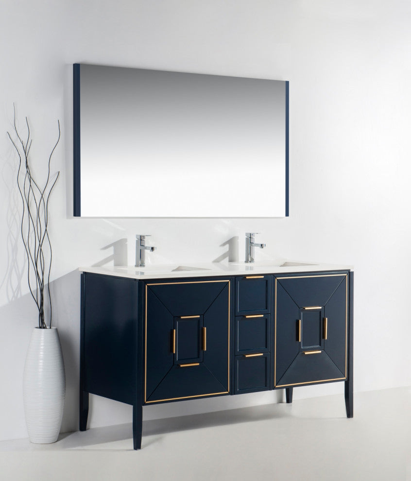 Vetro 60" Vanity With Quartz Counter Top, Gloss White, Navy Blue