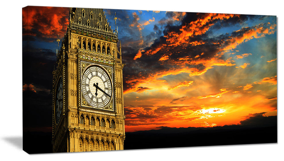 "Big Ben London At Sunset Panorama" Extra Large Wall Art Landscape, 32"x16"