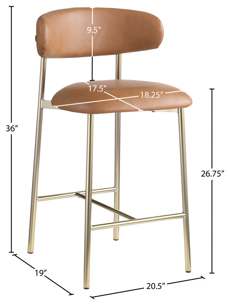 Lupita Upholstered Counter Stool, Cognac, Vegan Leather, Brushed Gold, Set of 2