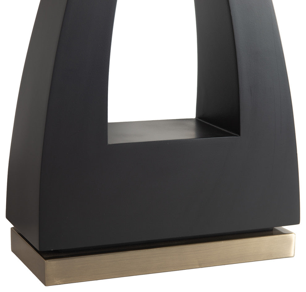 Trina Table Lamp - Wood Finish, Weathered Brass, White Linen Shade, 3-Way Switch