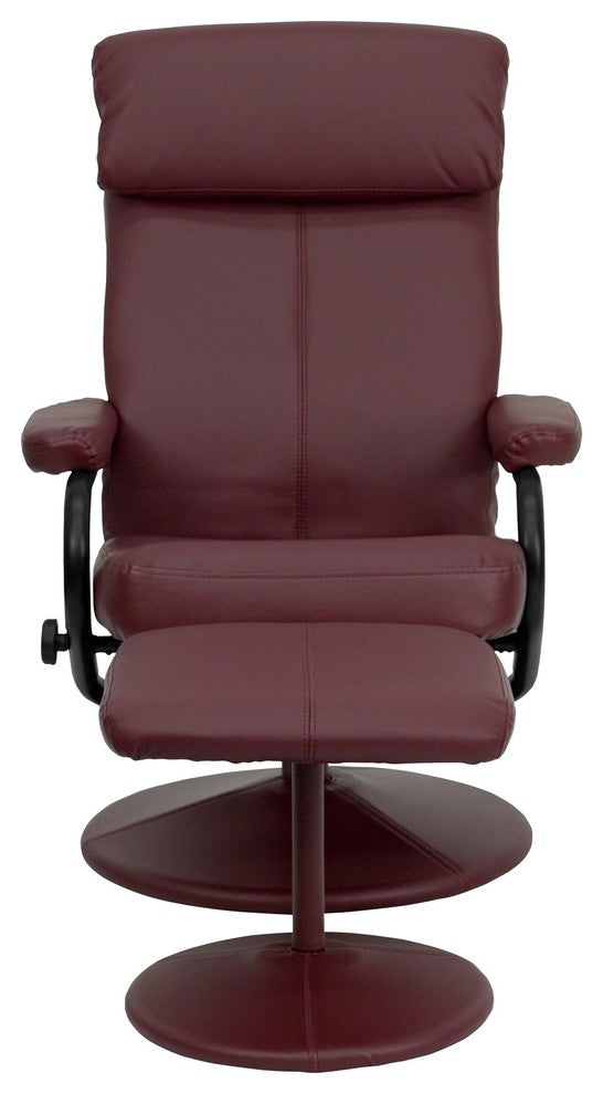 Burgundy Leather Recliner and Ottoman With Leather Wrapped Base