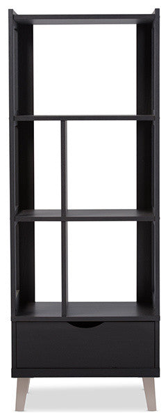 Kalien Dark Brown Wood Leaning Bookcase With Display Shelves and One Drawer