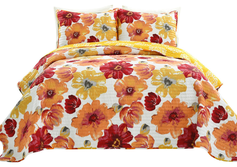 Leah Reversible 3-Piece Quilt Set, Red/Orange, King