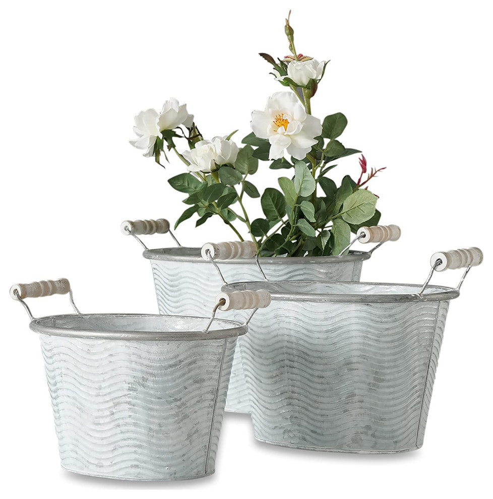 3 Piece Galvanized Zinc Corrugated Planters, 9"