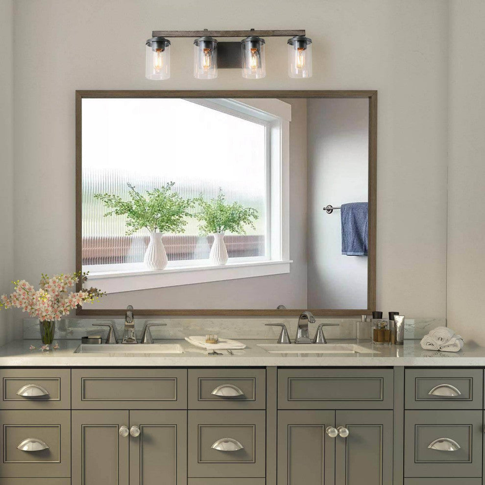 LNC Black Modern Farmhouse Glass-Cylinder Bathroom Vanity Light, 4 Lights, Wood