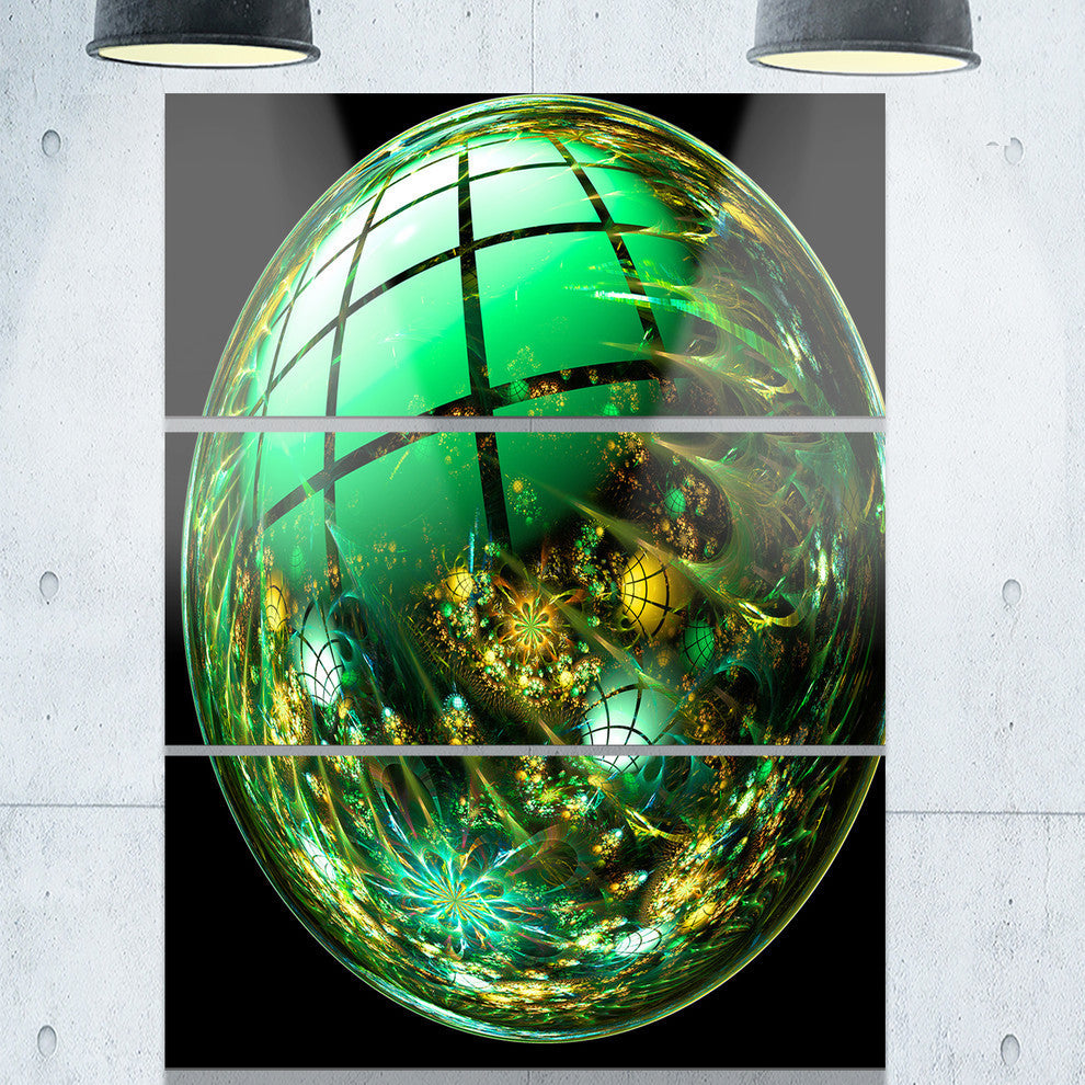 "Bright Green Fractal Sphere" Metal Wall Art, 3 Panels, 28"x36"