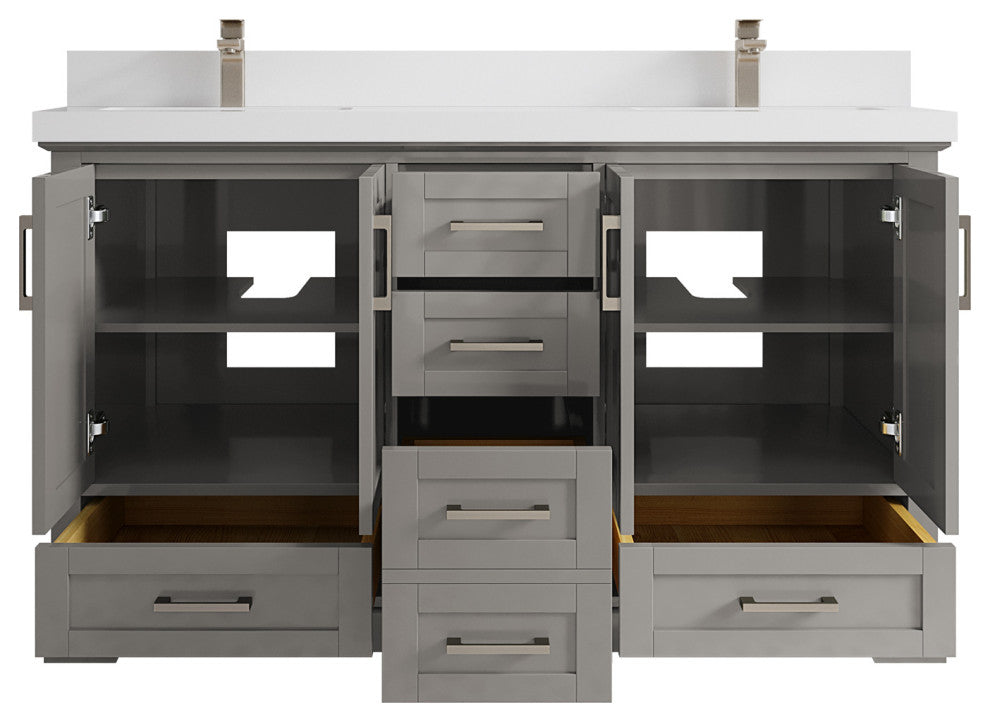 Boston 60 Double Bathroom Vanity in Elephant Skin Gray 2" White Quartz
