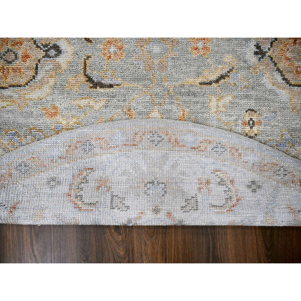 Gray and Ivory, Hand Knotted Oushak Inspired Round Oriental Rug, 7'10"x8'