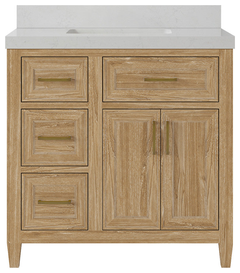 Santa Monica 36 Center Sink Bath Vanity in Whitewashed Teak 2" Carrara Quartz