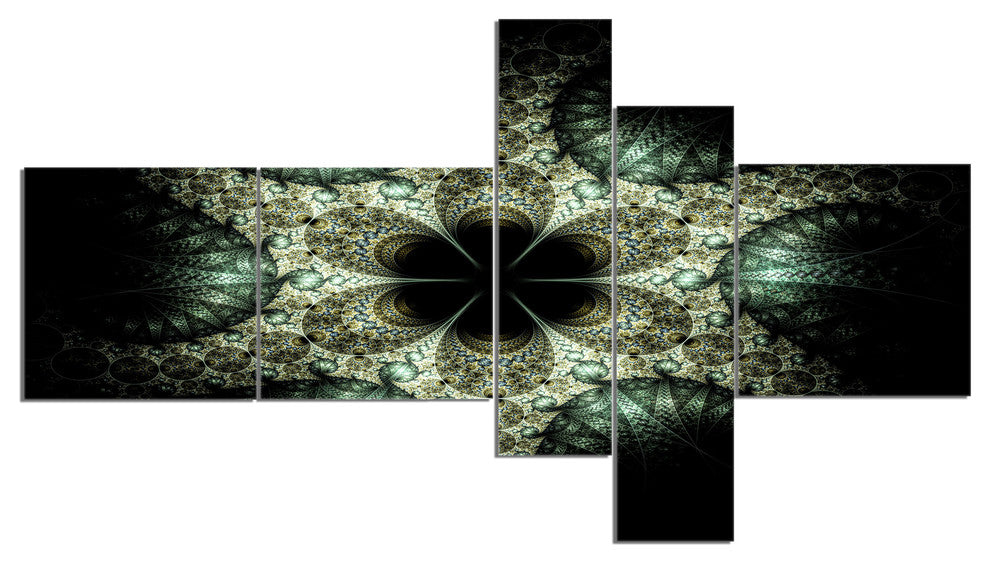 Yellow and Green Fractal Flower, Abstract Wall Art Canvas, 60"x32", 5 panels