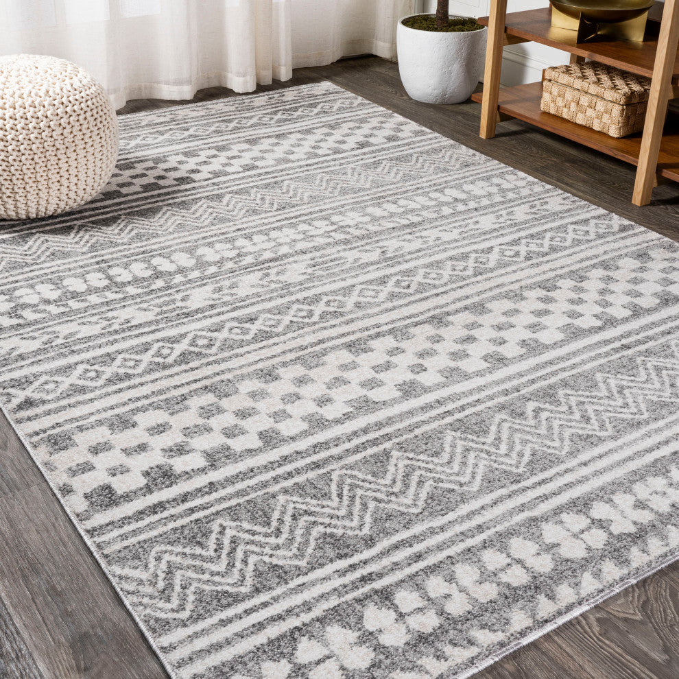 Imlil Tribal Geometric Stripe Light Gray/Cream Rug, 5 X 8