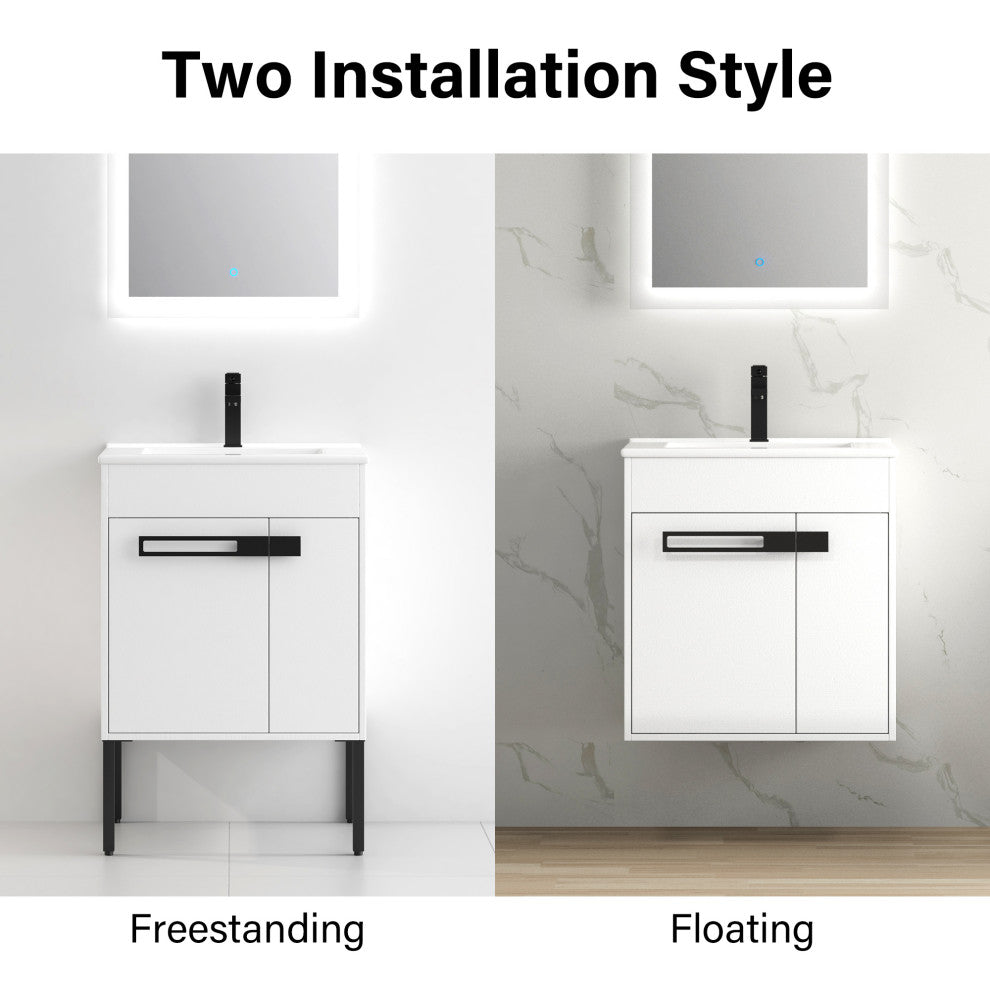 Freestanding/Floating Bathroom Vanity With white Ceramics Top, White, 30"