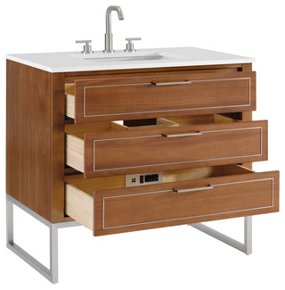 Markham Bathroom Vanity, Walnut/Brushed Nickel, 36", White Quartz Top