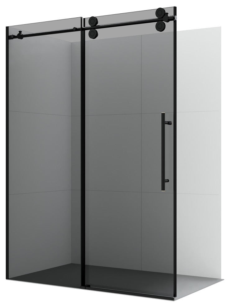 Echarri Single Sliding Frameless Shower Door, Tinted Glass, Matte Black, 56" W X 78"h