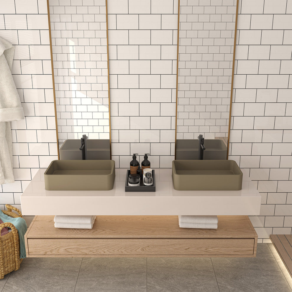 19in Bathroom Concrete Rectangular Vessel Sink with Drainer, Taupe Clay