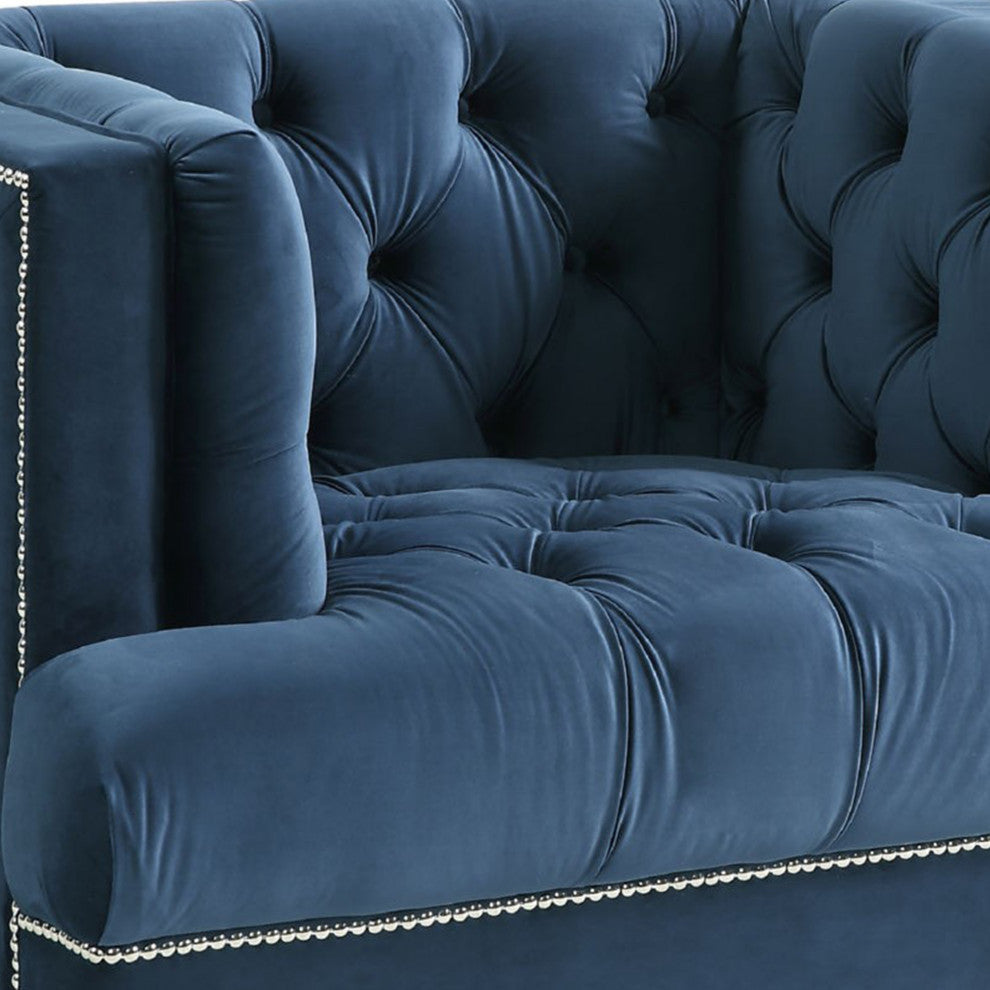 Benzara BM250213 Velvet Upholstered Chair, Tufted Details and Acrylic Legs, Blue