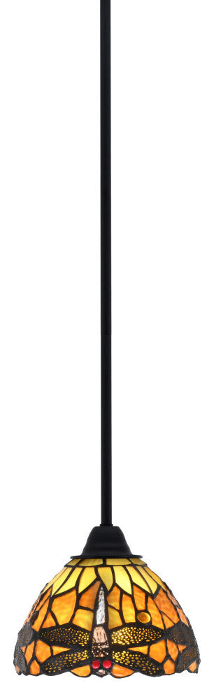 Paramount Mini Pendant, Matte Black, 7" Amber Dragonfly Art Glass
