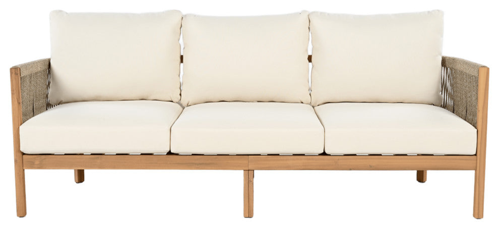 GDF Studio Outdoor 3-Seater Patio Acacia Wood Sofa, Teak/Beige