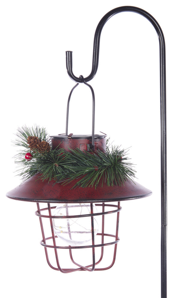 Metal Lantern w/ Shepherd's Hook and Warm White LED, Red