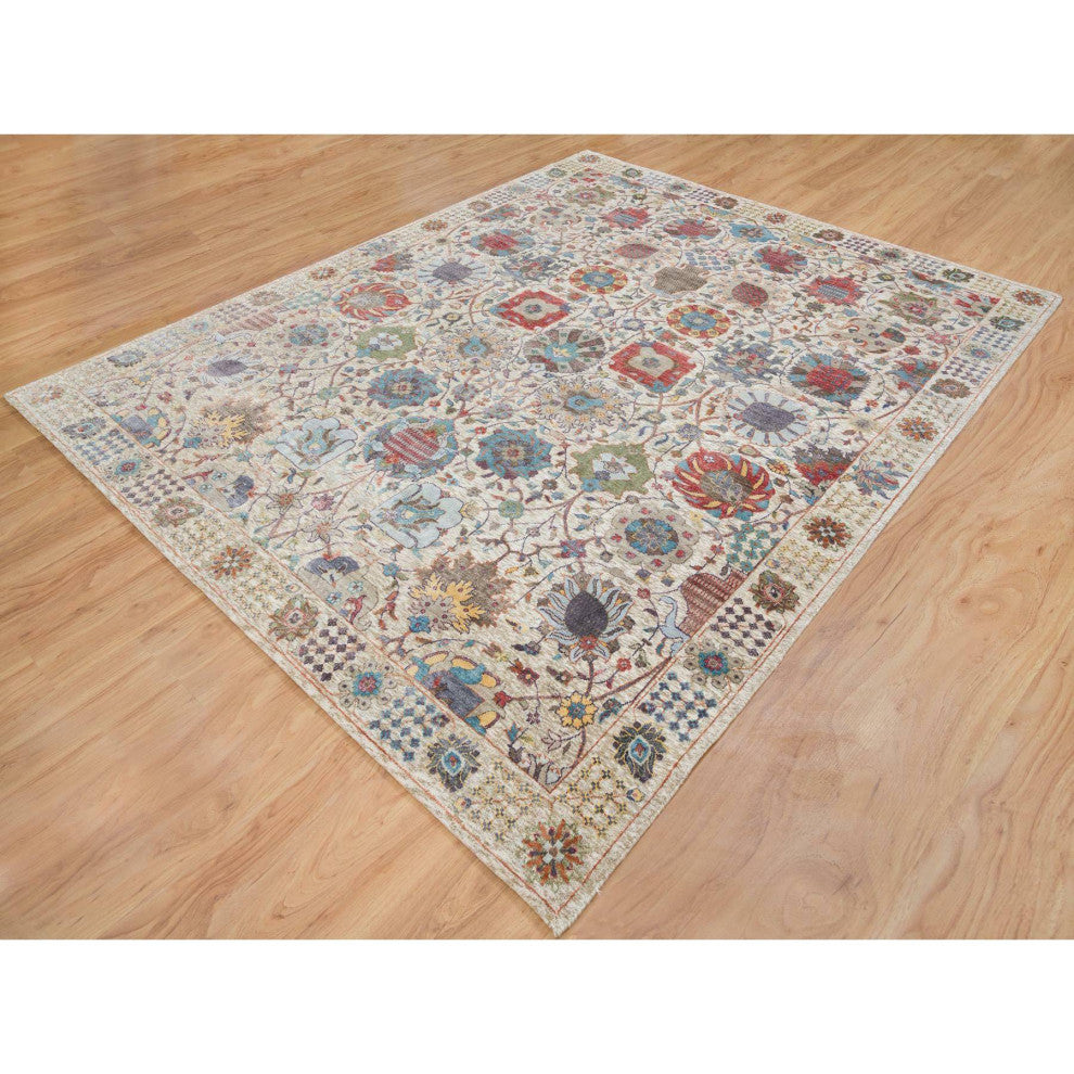 Ivory Hand Knotted Tabriz Vase With Flower Design Silk With Wool Rug 8'3"x10'3"