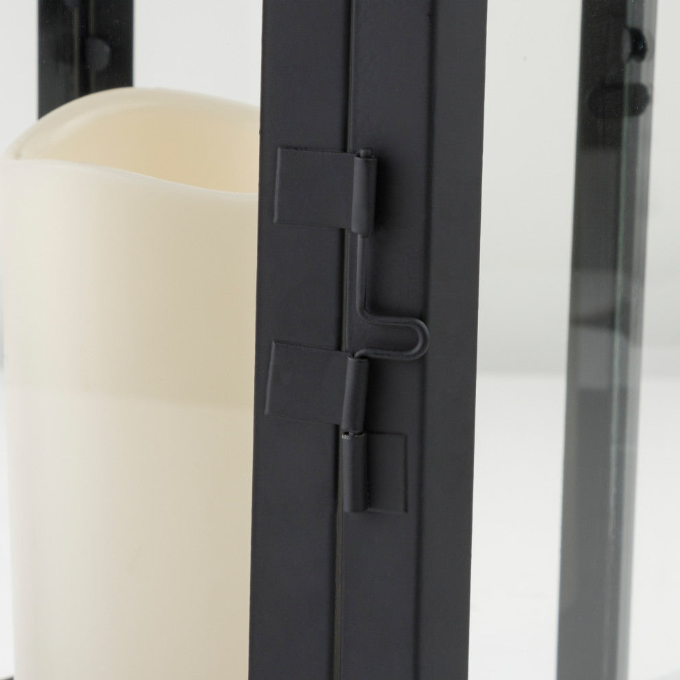 14" Tall Outdoor Hexagonal Battery-Operated Metal Lantern with LED Lights, Black