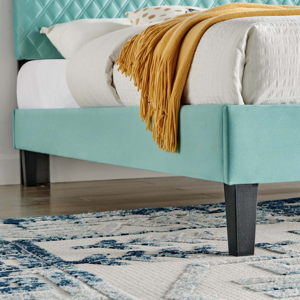 Platform Bed Frame, King Size, Blue, Velvet, Modern, Bedroom Master Guest Suite