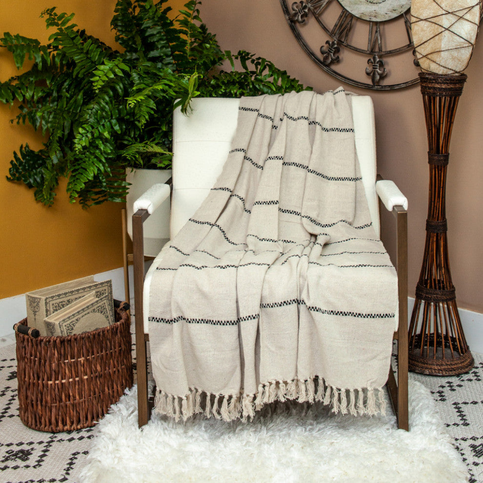 Classic Beige Woven Handloom Throw Blanket With Tassels
