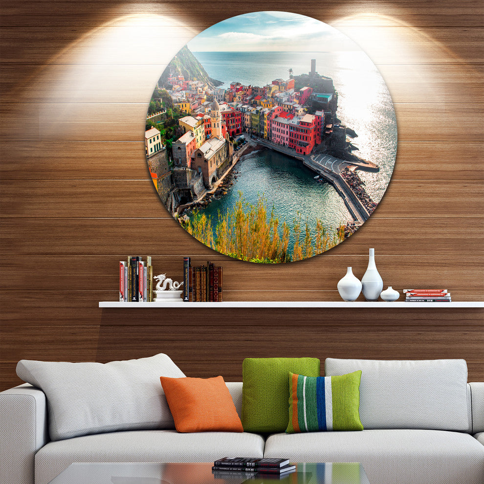 Vernazza Bay Aerial View, Seascape Disc Metal Wall Art, 36"