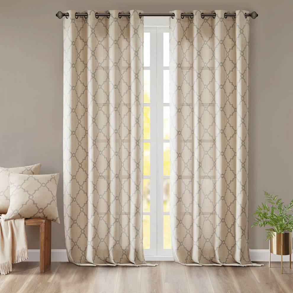 Madison Park Saratoga Fretwork Print Grommet Top Window Curtain Panel, Beige