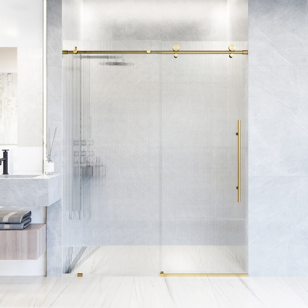 VIGO Elan E-Class 56" to 60" W x 76" H Frameless Sliding Shower Door, Matte Brushed Gold, Fluted Glass, Right
