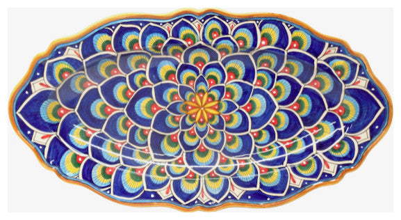 Deruta Ceramiche Sberna Penna di Pavone 24X13" Scalloped Long Oval Platter, Blue