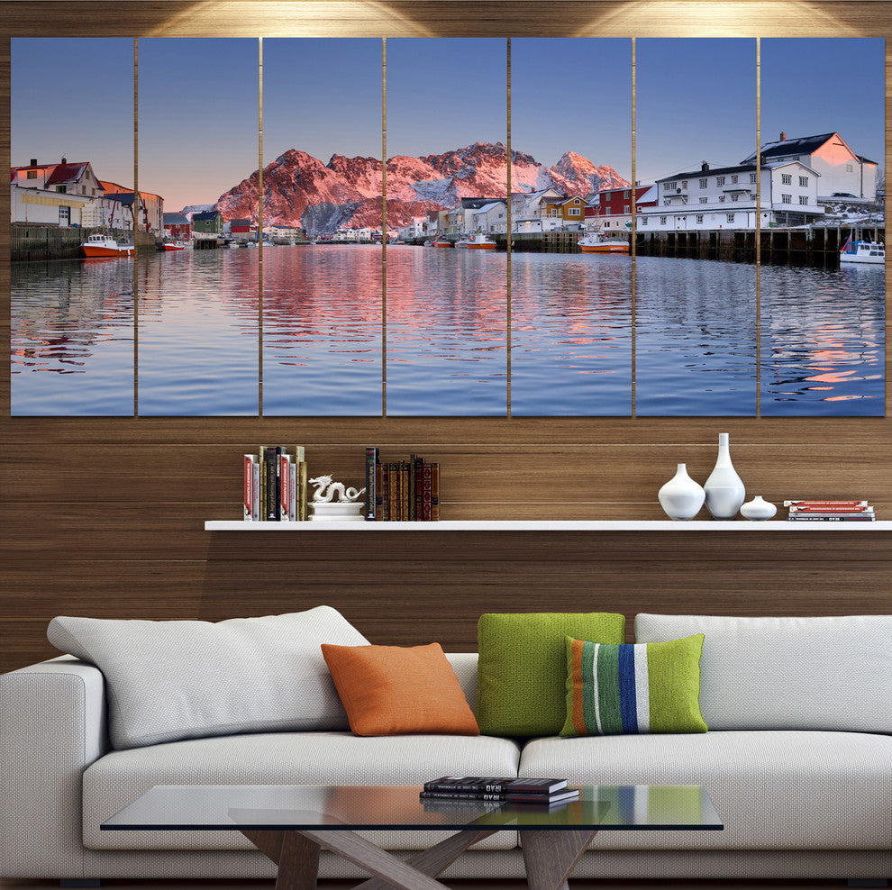 Henningsvaer on the Lofoten Norway, Landscape Canvas Art, 83"x32", 7 Panels