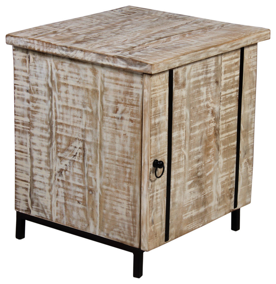 Benzara UPT-263777 Wooden Bedside Table With Metal Frame, White and Black