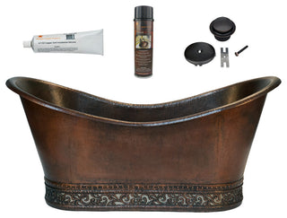 67" Hammered Copper Double Slipper Bathtub, Scroll Base, Nickel Inlay & Drain