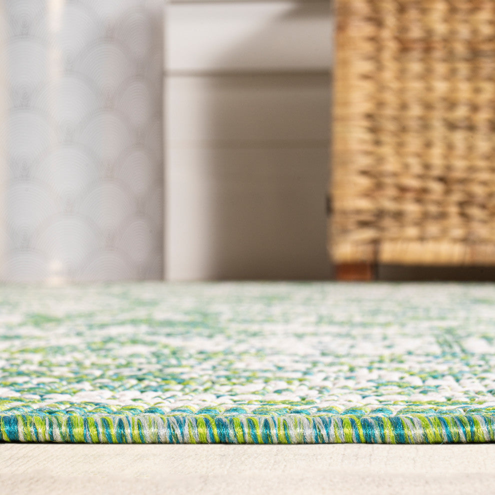 Tela Boho Textured Weave Floral Indoor/Outdoor Rug, Cream/Green, 2 X 8