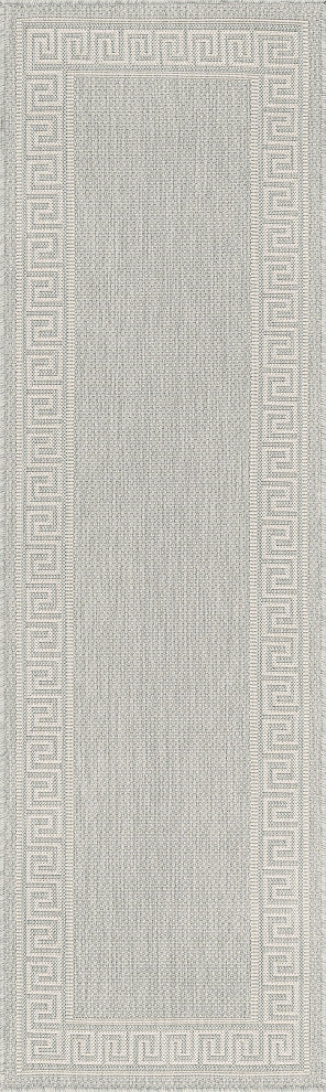 Giovanna Transitional Greek Key Gray/Cream Indoor/Outdoor Runner Rug, 2.7'x10'
