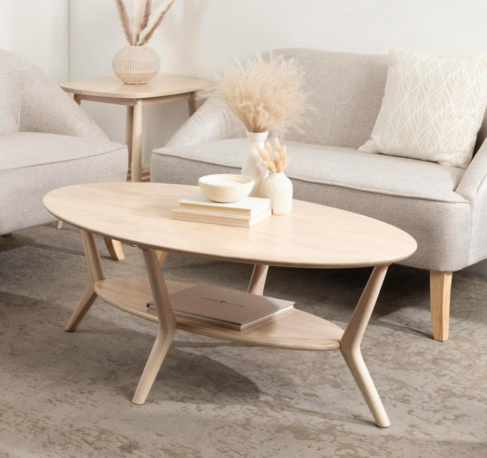 Black Oval Coffee Table with Bold Legs and Two-Tier Woodgrain Design, Natural