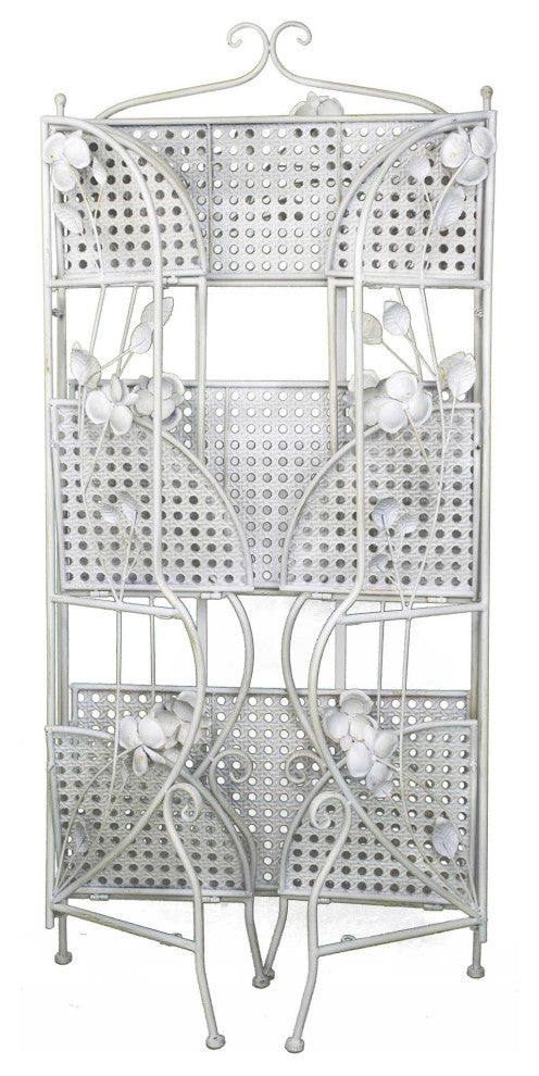 HomeRoots Antiqued White Floral 3 Shelf Bakers Rack