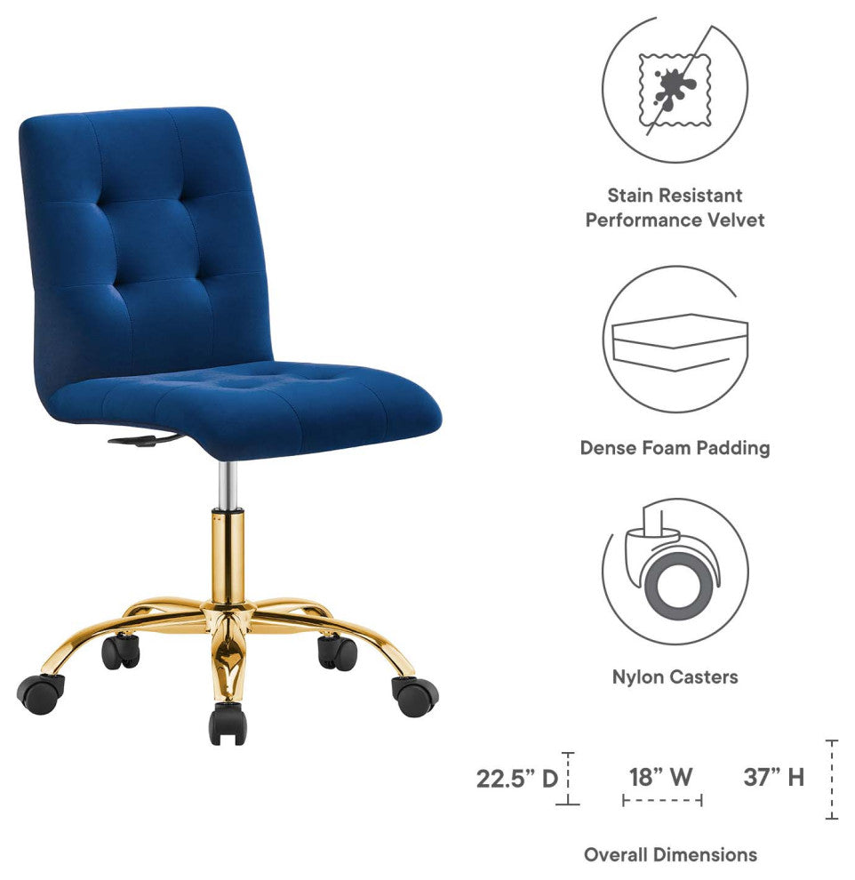 Prim Armless Performance Velvet Office Chair, Gold Navy