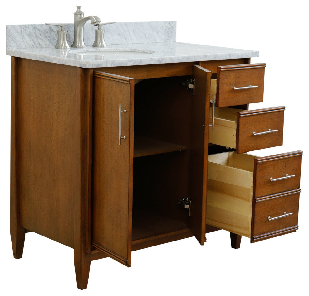 37" Single Vanity, Walnut Finish With White Carrara