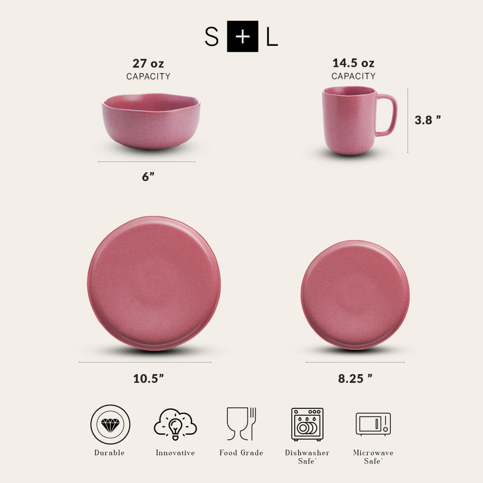 Stone Lain Tom Stoneware 16 Piece Dinnerware Set, Pink White