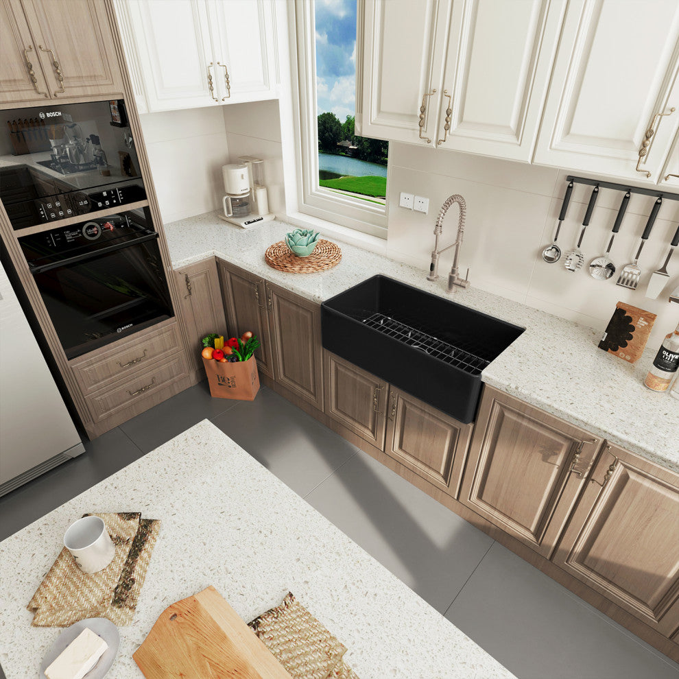 Sinber Farmhouse Apron Single Bowl Kitchen Sink with Fireclay 2 Accessories, Black, 33" X 18"