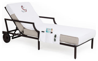 Anchor Embroidered Standard Size Chaise Lounge Cover With Side Pockets, White